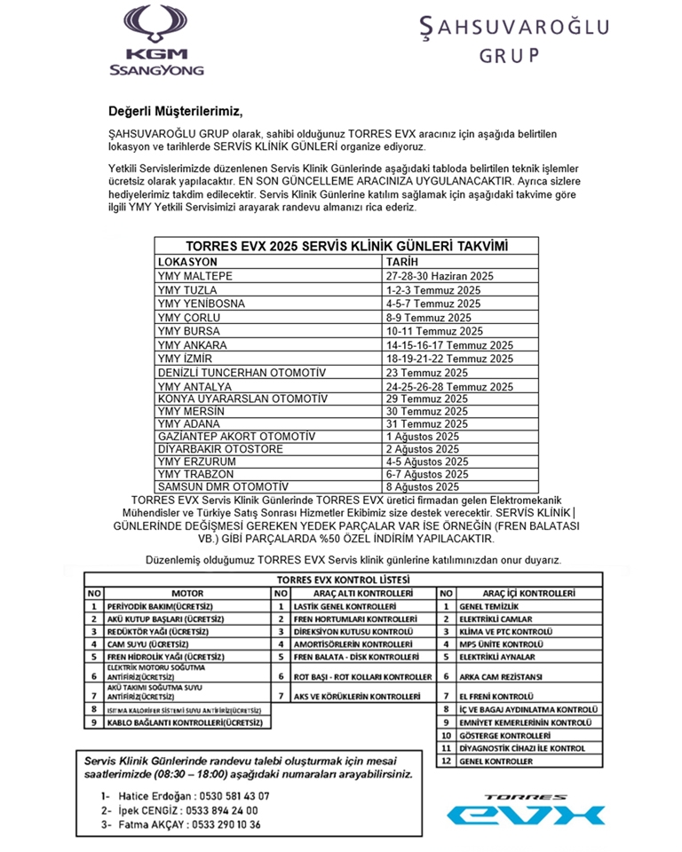 KGM Torres EVX için ücretsiz servis hizmeti başladı!..